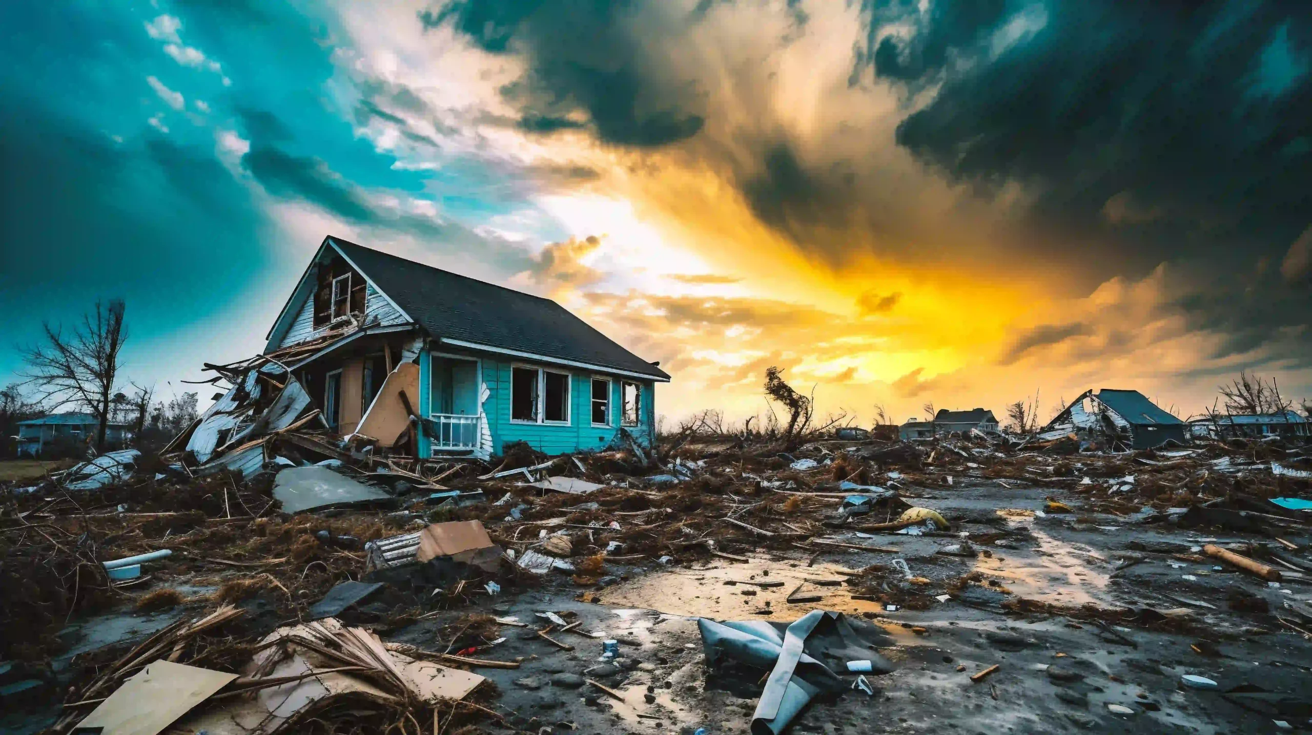 ai generated dramatic sky over a destroyed house on the beach photo
